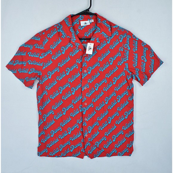 Disney Parks Walt Disney World Casual Red Short Sleeve Button Shirt Size Small - Picture 1 of 7